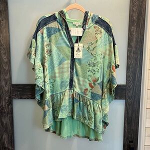 easel Mint & Teal Patchwork Hooded Ruffle Top